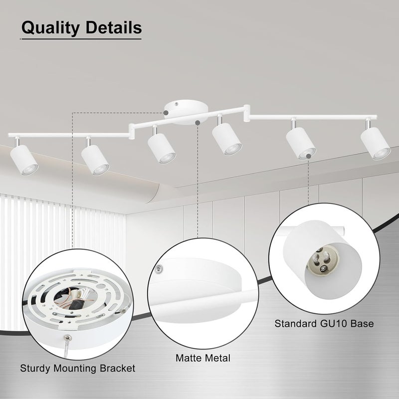 AUQUEE 6 Light Track Lighting Fixtures Ceiling, Matte White Kichen Track Lighting Fixtures with Rotatable Light Heads, Foldable Lamp Arms, Modern LED Track Lights for Kitchen/Hallway, No GU10 Bulb - Image 5